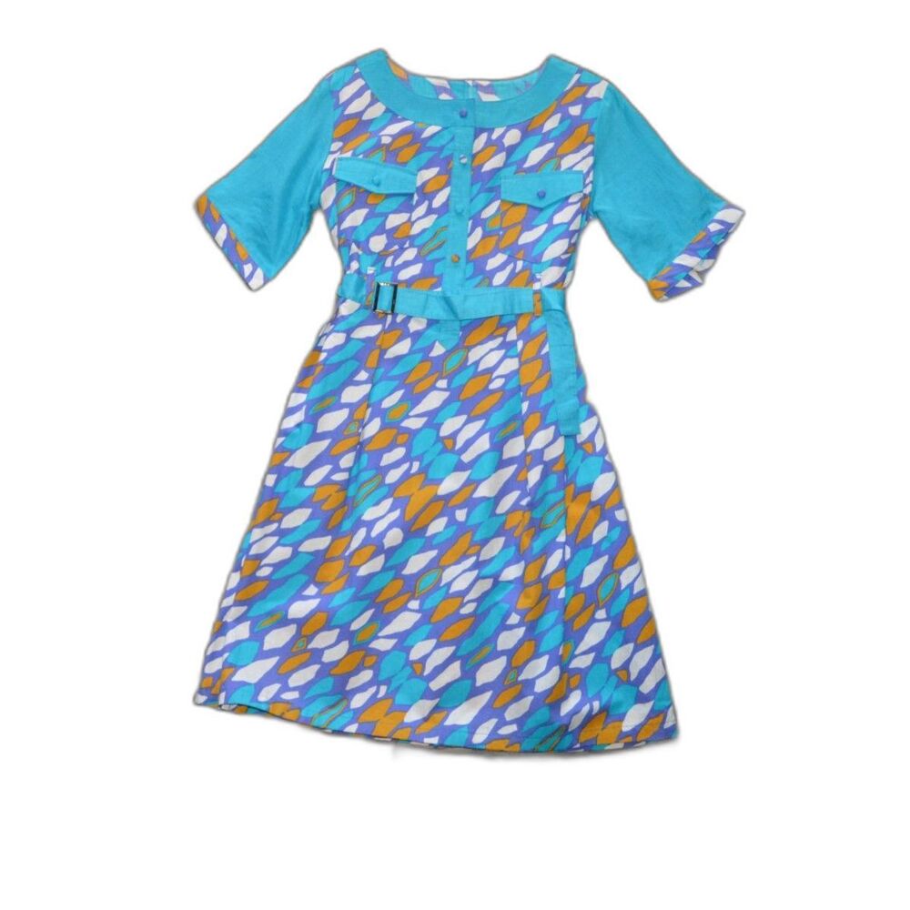 NOS Vintage 80s Midi Belted Geometric Shirt Belted Blue Orange White Dress M